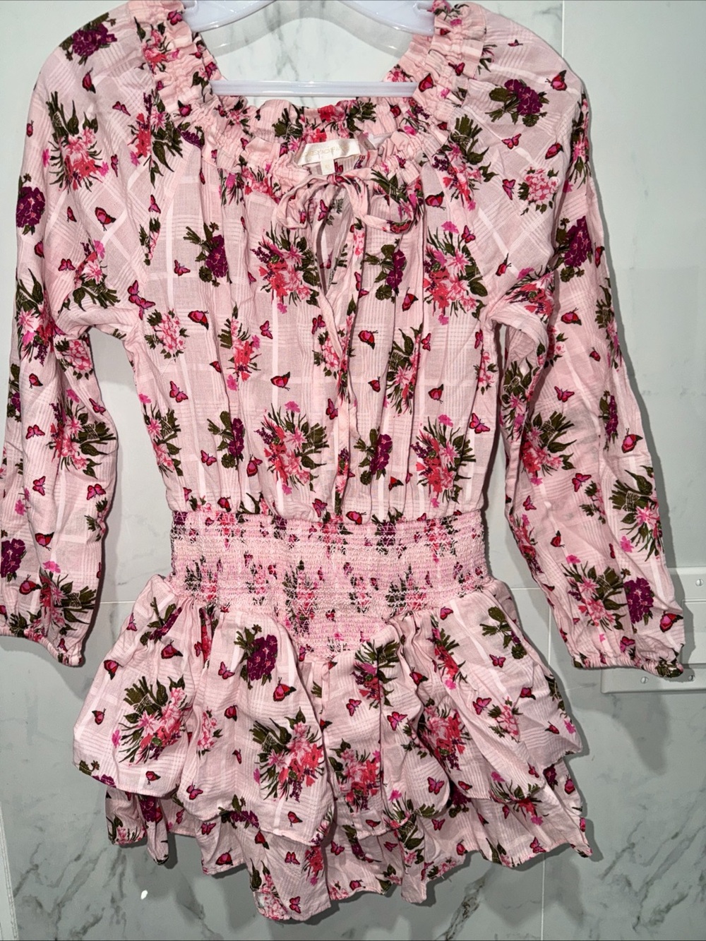 LoveShackFancy Pink Floral butterfly Tie-Waist Dress size xs 100%cotton